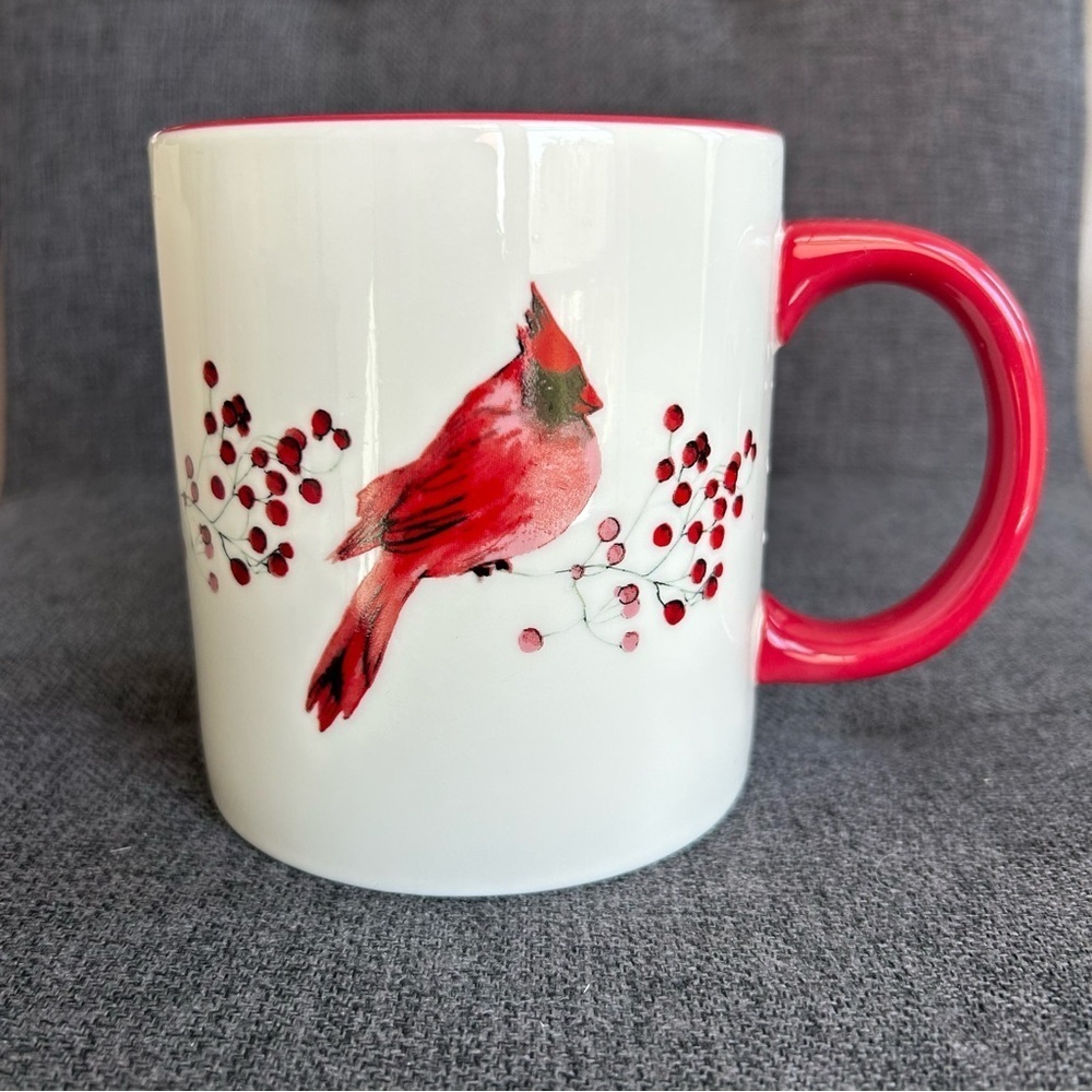 Festive Cardinal + Berry Branch Coffee Mug, White, Red, 20 oz